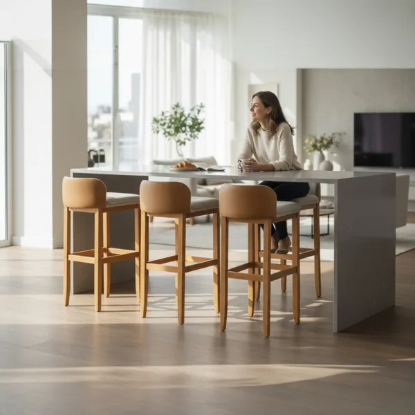 Kit 3 Banquetas Onix Eucalipto Maciço Design em Linho Corino