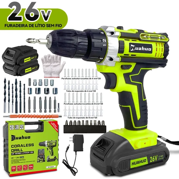 Parafusadeira Furadeira 26V Baterias Sem Fio Impacto Com Maleta Completo Broca Bits Maleta (110V/220V)~