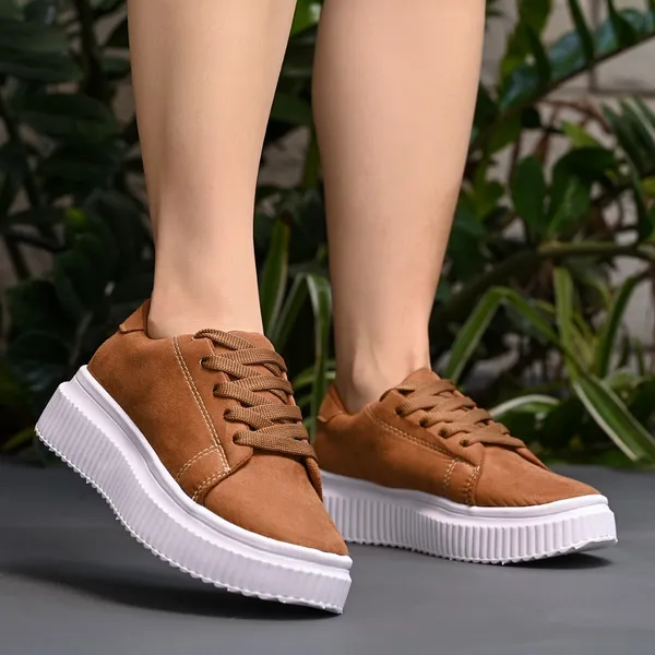 Tênis Feminino Casual Camurça Liso Plataforma Alta Cano Baixo Macio​ E Confortável
