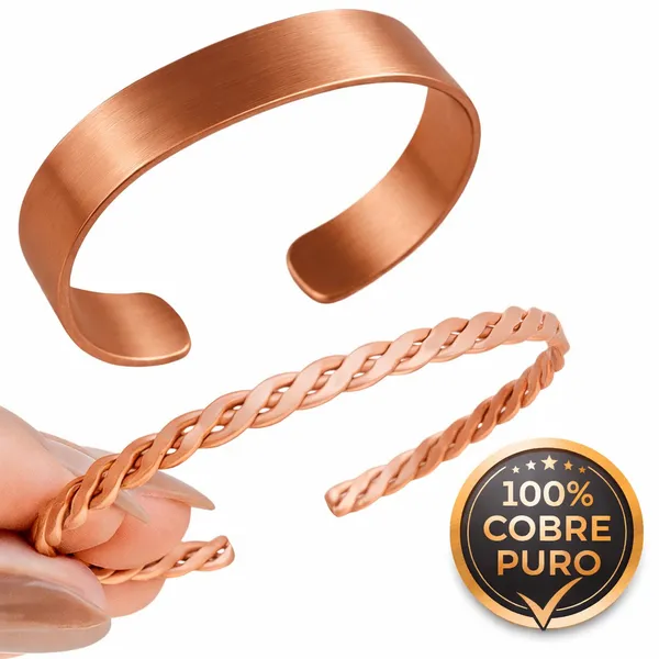 KIT 2 PULSEIRA/BRACELETE LISA + TRANÇADA EM COBRE PURO