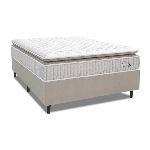 Cama Box Colchão Casal Molas Ensacadas City Pillow Top 138x188x61cm Branco / Bege Hellen