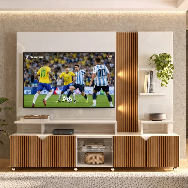 Rack Lukaliam Móveis p/ TV até 55 Polegadas Impressão Ripada 3d 2,10m Cross Off White/Tauari
