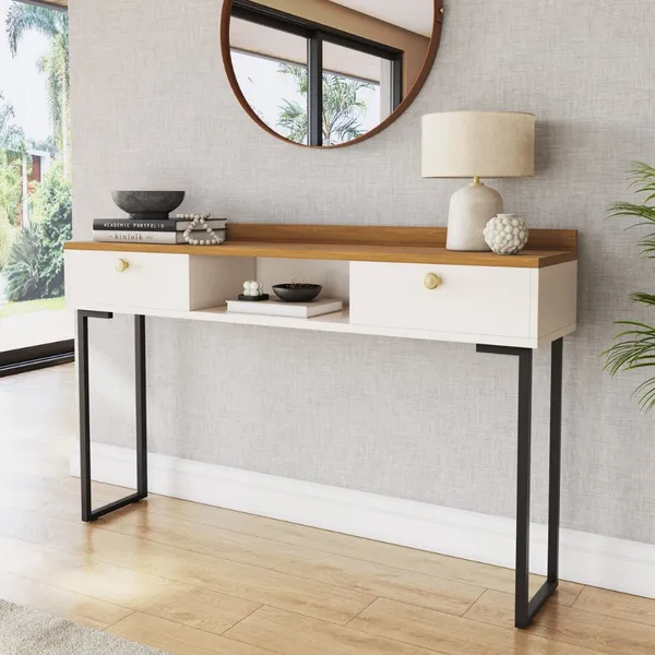 Aparador Hall Rack 2 Portas Nicho Pés de Ferro Industrial