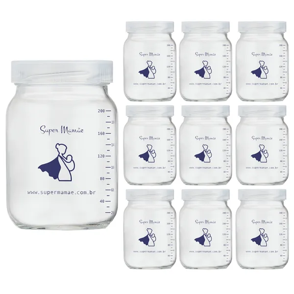 Kit com 10 Potes de Vidro para Armazenar Leite Materno 200ml Com Graduação