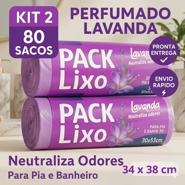 KIT 2 Sacos de Lixo Perfumado Lavanda 80 Unidades Neutraliza Odor Banheiro Pia 34x38cm