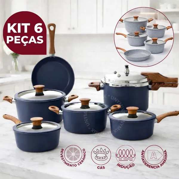 Conjunto até 6 Panelas Com Panela de Pressão Cerâmica Antiaderente Indução e Fogão à Gás