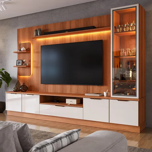Estante Home Para TV Até 75” Noble 270cm Com Cristaleira, Torre LED e Portas Reflecta Sala Modulada