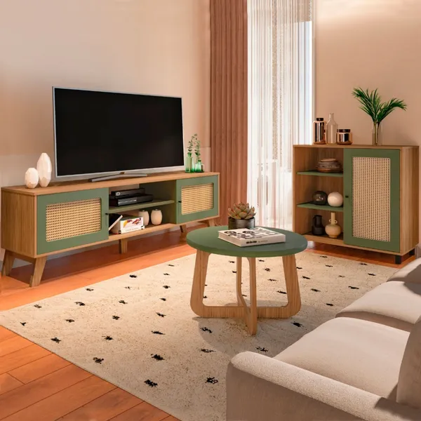 Sala de Estar Completa para TV Até 75 Polegadas Charlotte 3 Portas 3 Prateleiras Carvalho/Menta - Pnr Móveis