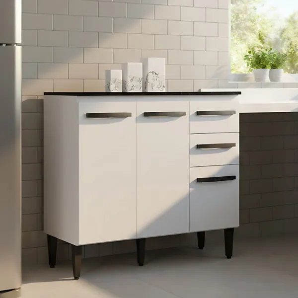 Armário Cozinha Balcão 2 Portas 3 Gavetas Organizador Multiuso Larzen Móveis