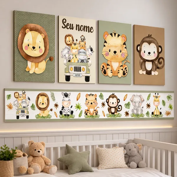 Kit Quadros Decorativos Safari Baby Personalizado Com Nome + Faixa Adesiva de Parede