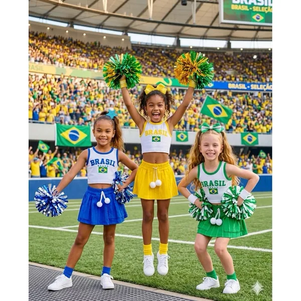 Roupa Conjunto Infantil Brasil Menina Short Saia Confortável Regata Brasil + Shorts Saia Verde/Amarela/Azul | Look Copa