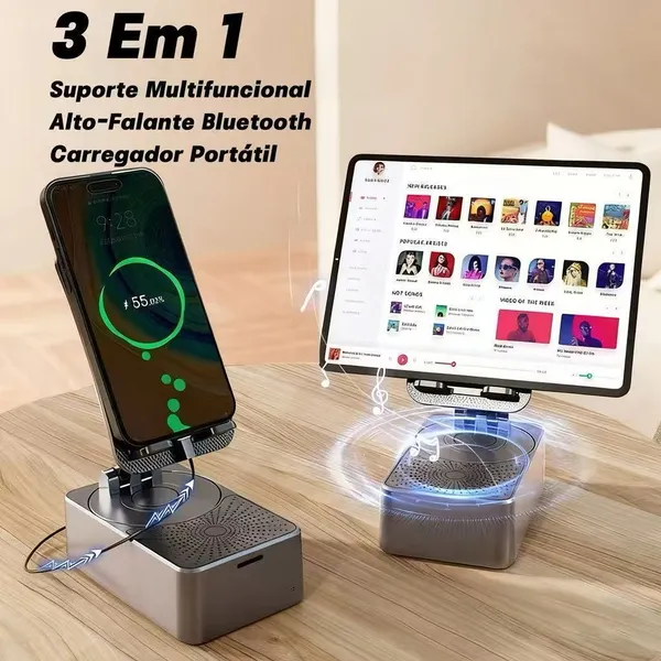 3 Em 1 Suporte Carregador Power Bank E Caixa De Som Bluetooth Para Celular E Tablet Com Som Surround 9D-SMILE