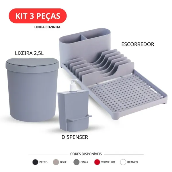 Kit 3 Peças Organizador de Pia Cozinha Lixeira 2,5L Escorredor Louça Dispenser Detergente