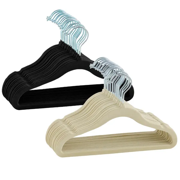 Kit 20 Cabides De Veludo Infantil Preto Bege Ultra fino Slim