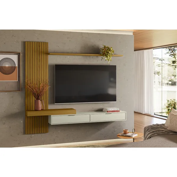 Painel Ripado Italy P/Tvs até 65" - 205cm Nicho C/Portas Basculante Cedro/Off White - Olivar Móveis