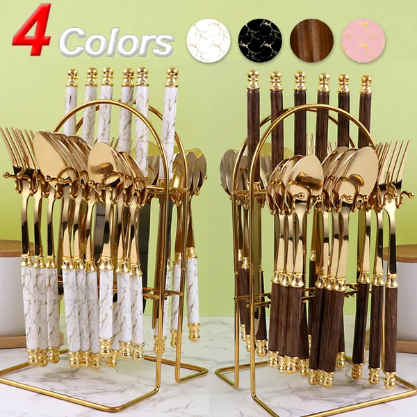 【😍Novas chegadas!!!】Kit 24 talheres de aço inoxidável de luxo Conjunto de talheres, garfo e colher de padrão de mármore