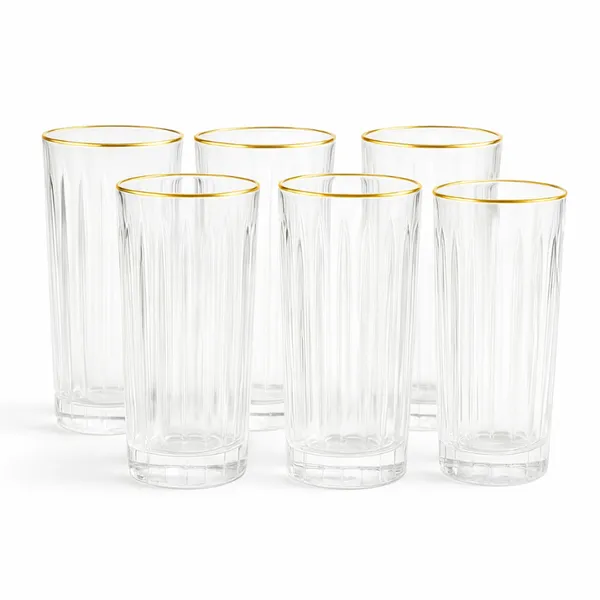 Jogo 6 Copos Altos Com Borda Dourada Em Vidro 370ml Bebidas
