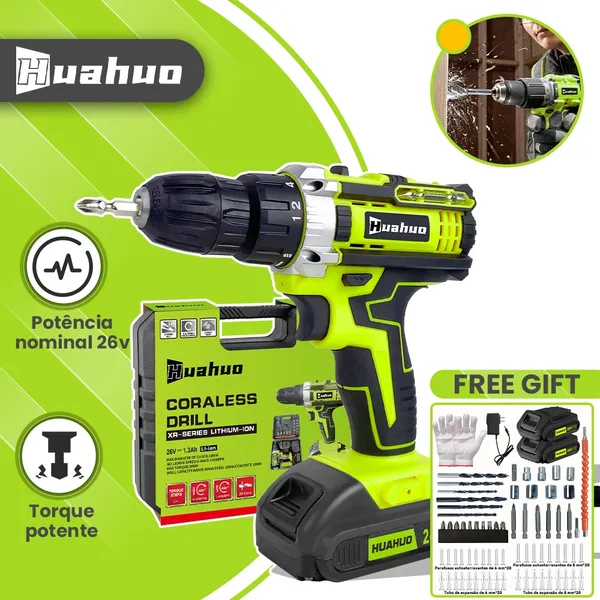Parafusadeira Furadeira Com ou Maleta 26V / 12V–1 ou 2 Baterias Kit Profissional (Produto com variações)~