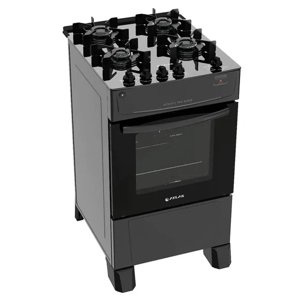 Fogão Atlas Mônaco Top Glass Preto 4 Bocas Mesa Vidro Limpa Fácil Acendimento Automático Design Moderno