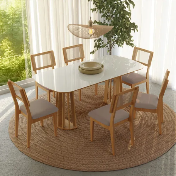Conjunto Sala de Jantar Mesa Nature com 6 Cadeiras Palha Sintética CA35