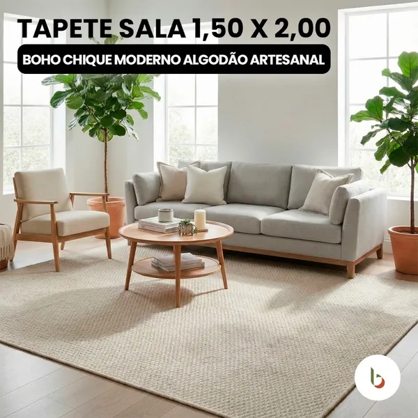 Tapete Sala 1,50 x 2,00 Boho Chique Moderno Algodão Artesanal