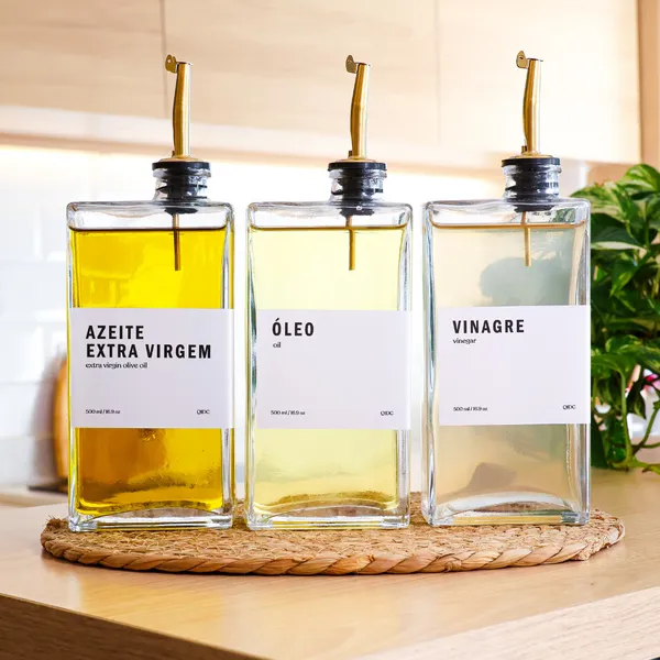 Galheteiros Luxo Vidro 500ml com Bico Dosador Dourado | Gold - Porta Azeite / Porta Óleo / Shoyu / Pimenta / Q1DC