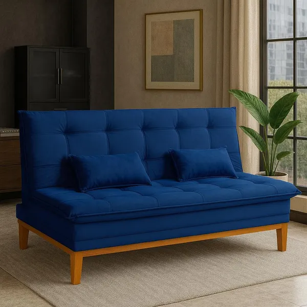 Sofá Cama Reclinável Casal 2 Lugares Melim Suede Confortável Pés de Madeira