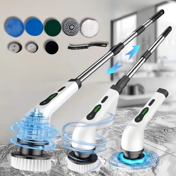Escova Elétrica Giratória 9 em 1 Recarregável com Cabo Alongador ，Limpeza Multiuso