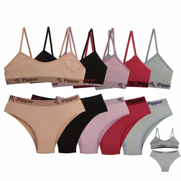 Kit 10 Conjuntos Lisos Calcinha e Sutiã Juvenil Pré Adolescente Algodão Cotton 8% - PEPPER LINGERIE