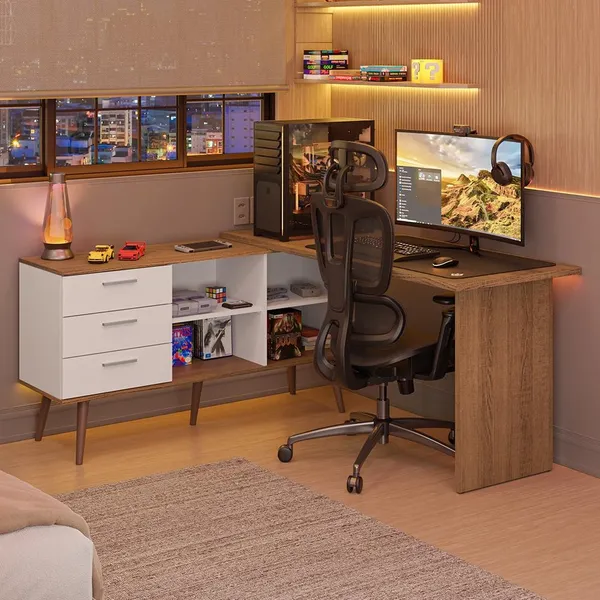 Escrivaninha Em L Mesa Para Computador Gamer 3 Gavetas Lisboa Madesa