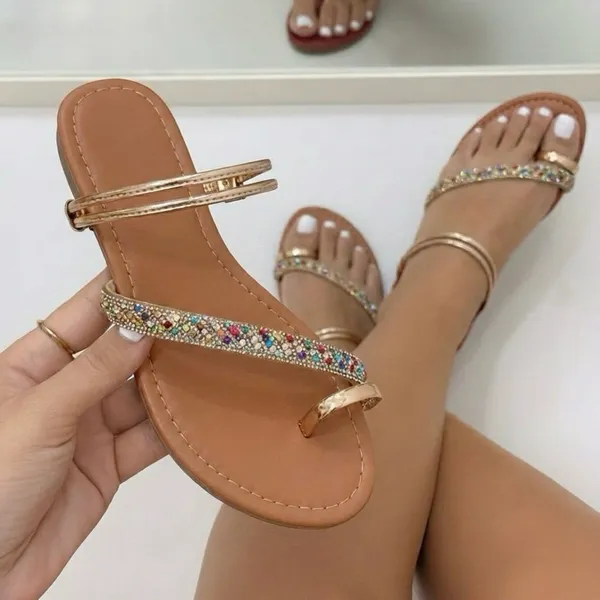Sandália Rasteira Feminina com Strass Confortável Rasteirinha Brilho Verão Moda