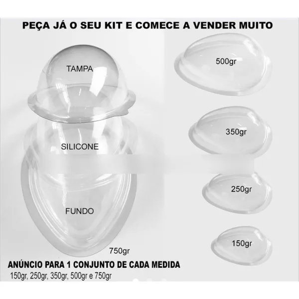 Kit 5 formas de silicone para ovo de Páscoa (150g, 250g, 350g, 500g e 750g)