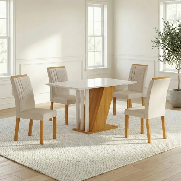 Conjunto Sala de Jantar com 4 Cadeiras Miami Freijo/OffWhite/Palha