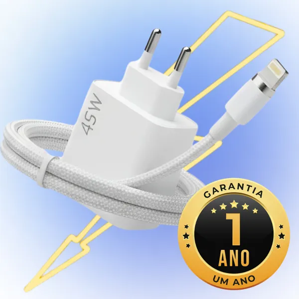 Carregador Turbo 45W USB-C para iPhone Fonte Rápida com Cabo Lightning Duplo USB-C Apple