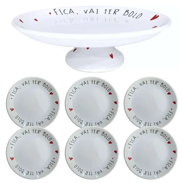 Boleira Com Pé E 6 Pratos De Sobremesa Fica Vai Ter Bolo 29cm