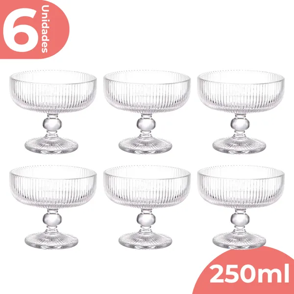 Jogo 6 Taça Sobremesa Vidro Sorvete Açai 250ml Canelado Luxo