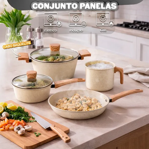 Jogo De Panelas 4 Peças Indução Antiaderente Com Tampa Revestimento Cerâmico