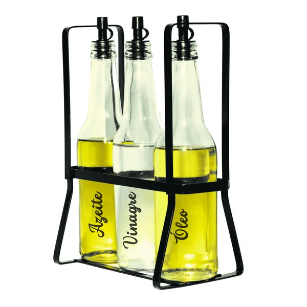Porta Azeite Galheteiro com Suporte 3 Peças de Vidro adesivo