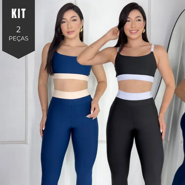 Kit 2 Conjunto Academia Feminino Fitness Bicolor Suplex Cintura Alta Top Cropped Alcinha
