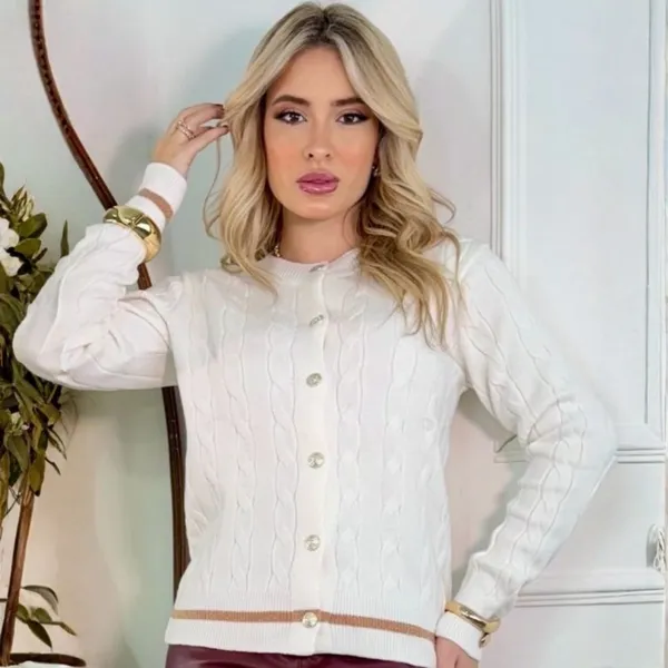 Casaco Feminino Modal Com Botões Inverno Outono Lurex Tricot Tricô Manga Longa Frio Cardigan