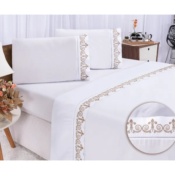 Jogo de Lençol Bordado para Cama Casal Queen Percal 400 Fios Toque de Algodão 4 peças