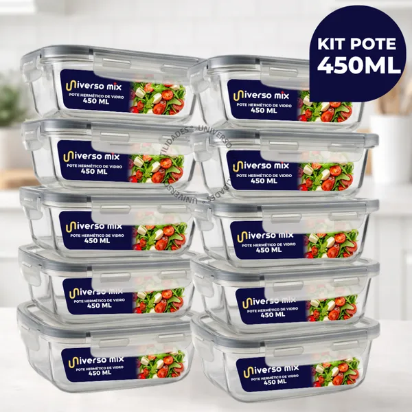 Kit 10 ou 5 Potes Vidro Hermético 450ml Retangular Mantimentos Marmita Premium