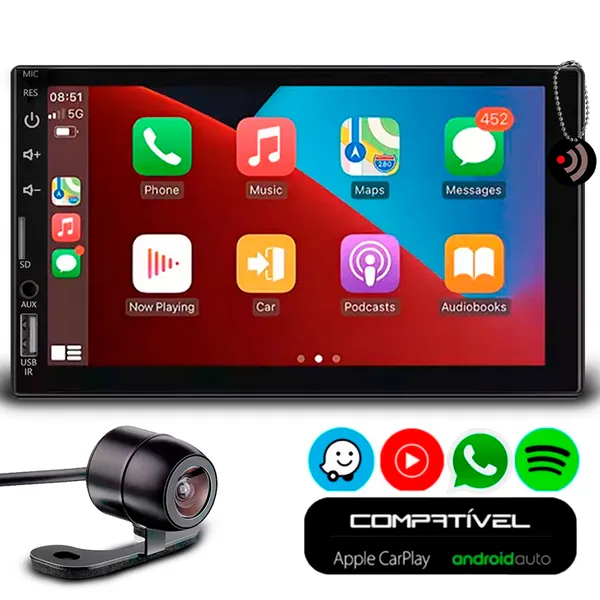 Multimídia 7" Polegadas CarPlay/AndroidAuto Apps Gps Spotify + Câmera de Ré Colorida Universal Preta
