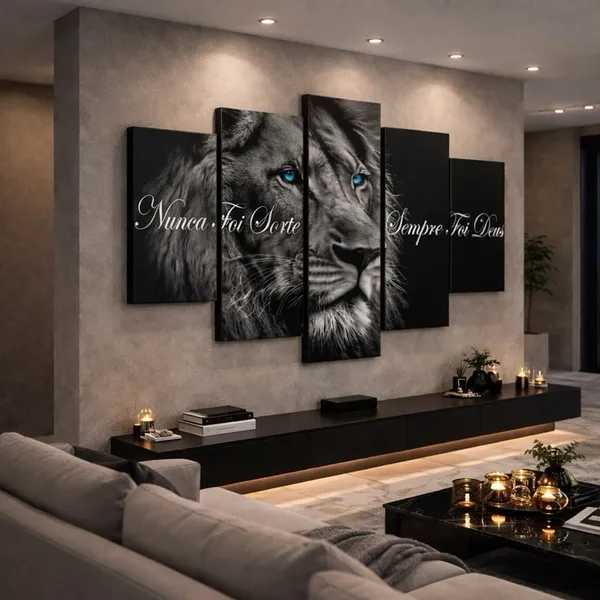 Quadro Decorativo Mosaico Leão de Juda Olho Azul Nunca Foi Sorte Sempre Foi Deus Sala Quarto Hd