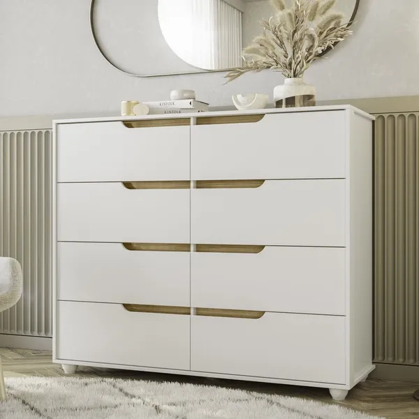 Cômoda 8 Gavetas Doble Branco/Freijó