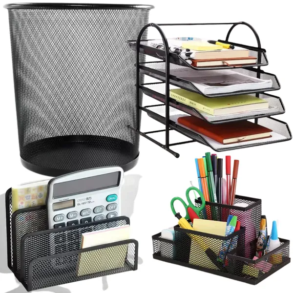 Kit Escritório Lixeira 4 Organizadores Porta Caneta Carta Papel Suporte 3 Bandejas Treco Home Office