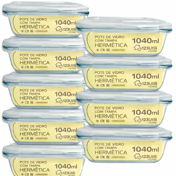Kit 4 Potes Vidro 1040ml Hermético Marmita Forno Refratário Transparente