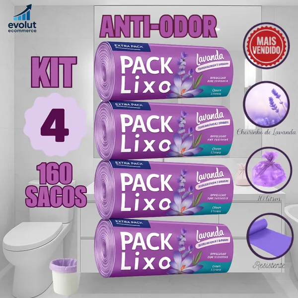 Kit 4 Rolos de Sacos de Lixo 10L Neutraliza Odores - 160 Unidades
