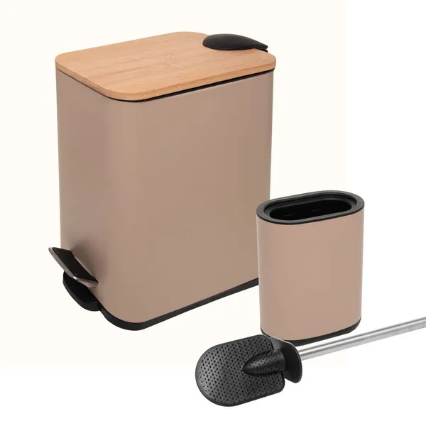 Lixeira Redonda ou Retangular com Pedal e Tampa de Bambu 5L opção com Escova Sanitaria - Lyor