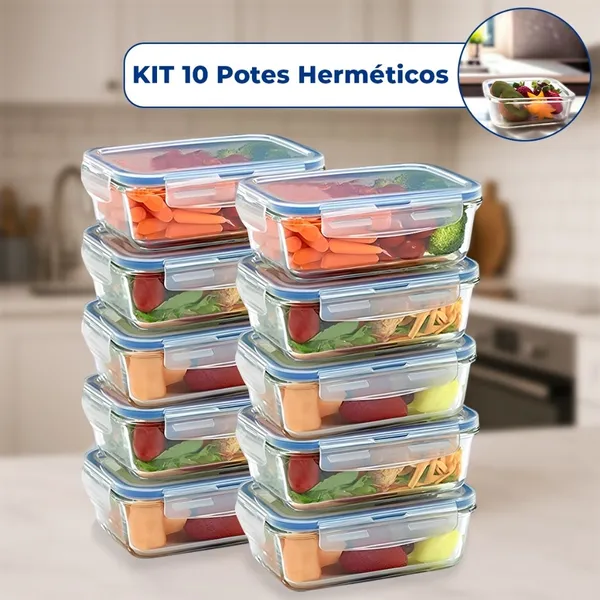 Kit 10 OU 5 Pote de Vidro Hermético Retangular 4 Travas Marmita Fit Microondas Mantimentos